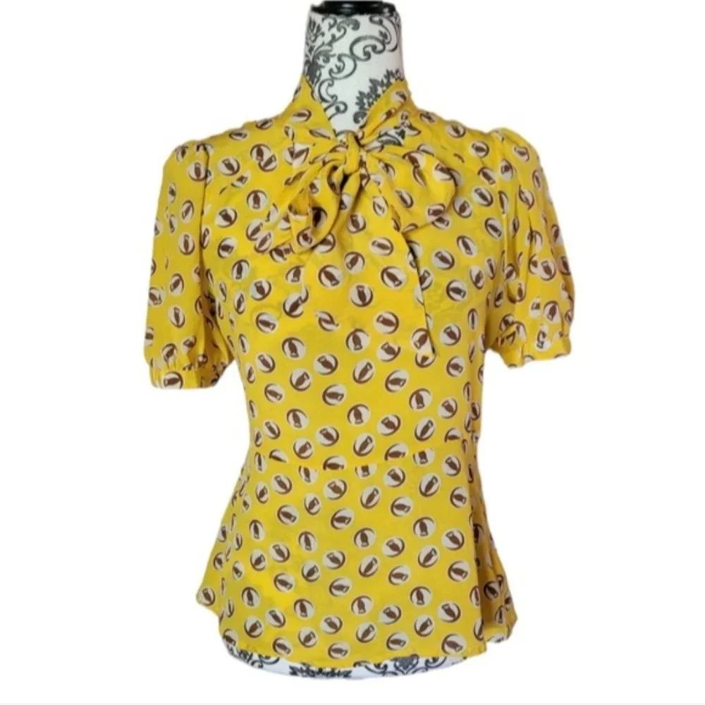 Anthro Girls From Savoy Lemon Liftoff owl print blouse size 8 - Picture 1 of 15